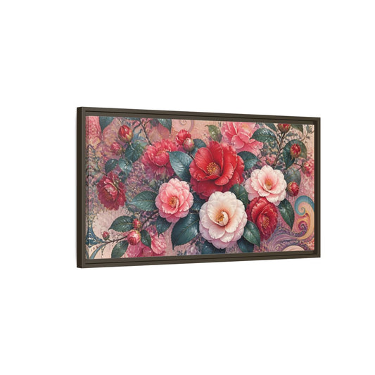 Main Mockup. Camellias In Gentle Rain shown as framed canvas print