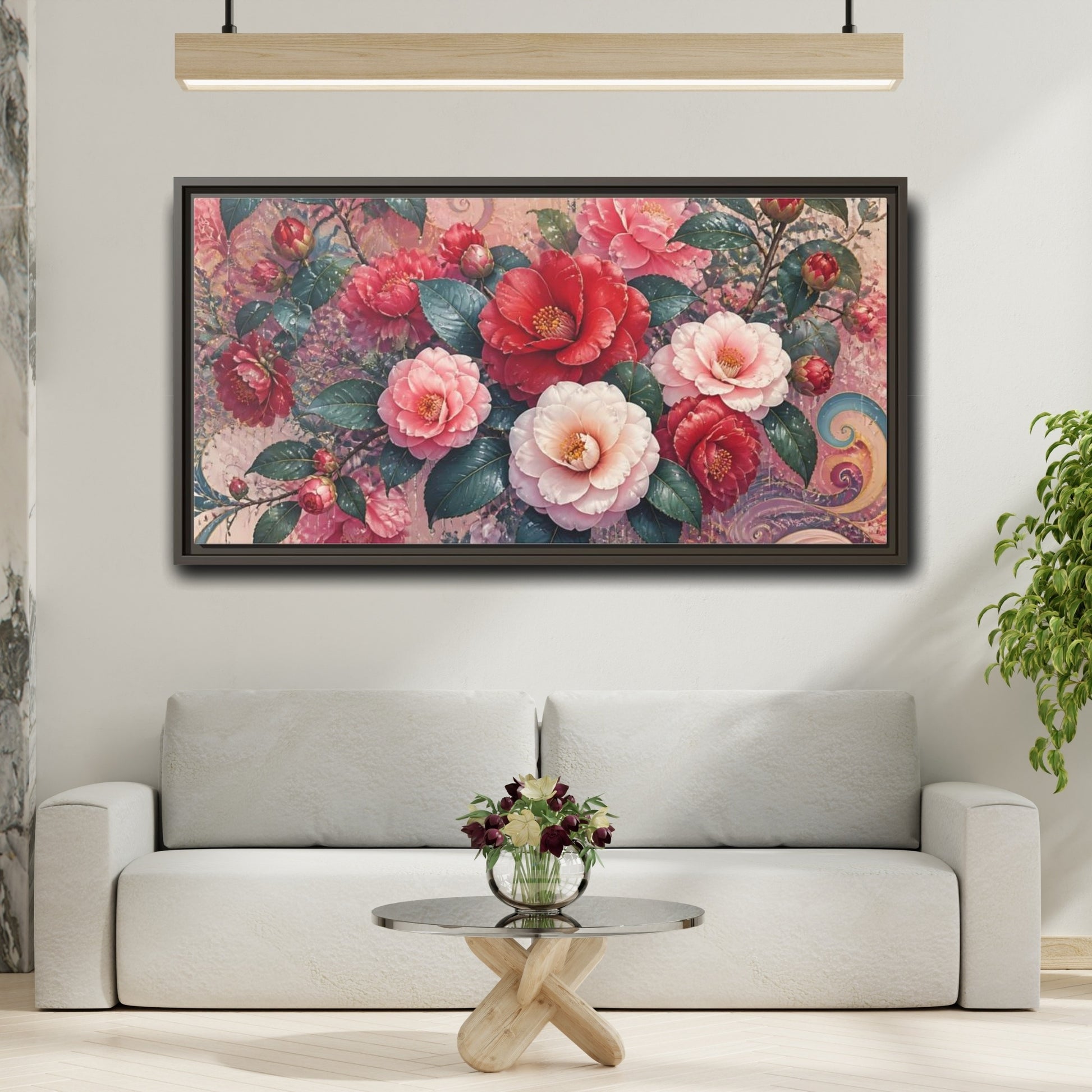 Mockup 2. Camellias In Gentle Rain shown as framed canvas print