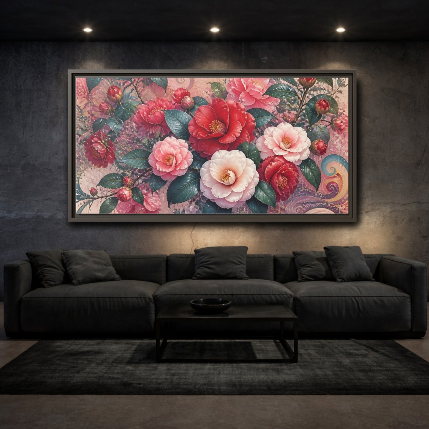 Mockup 3. Camellias In Gentle Rain shown as framed canvas print
