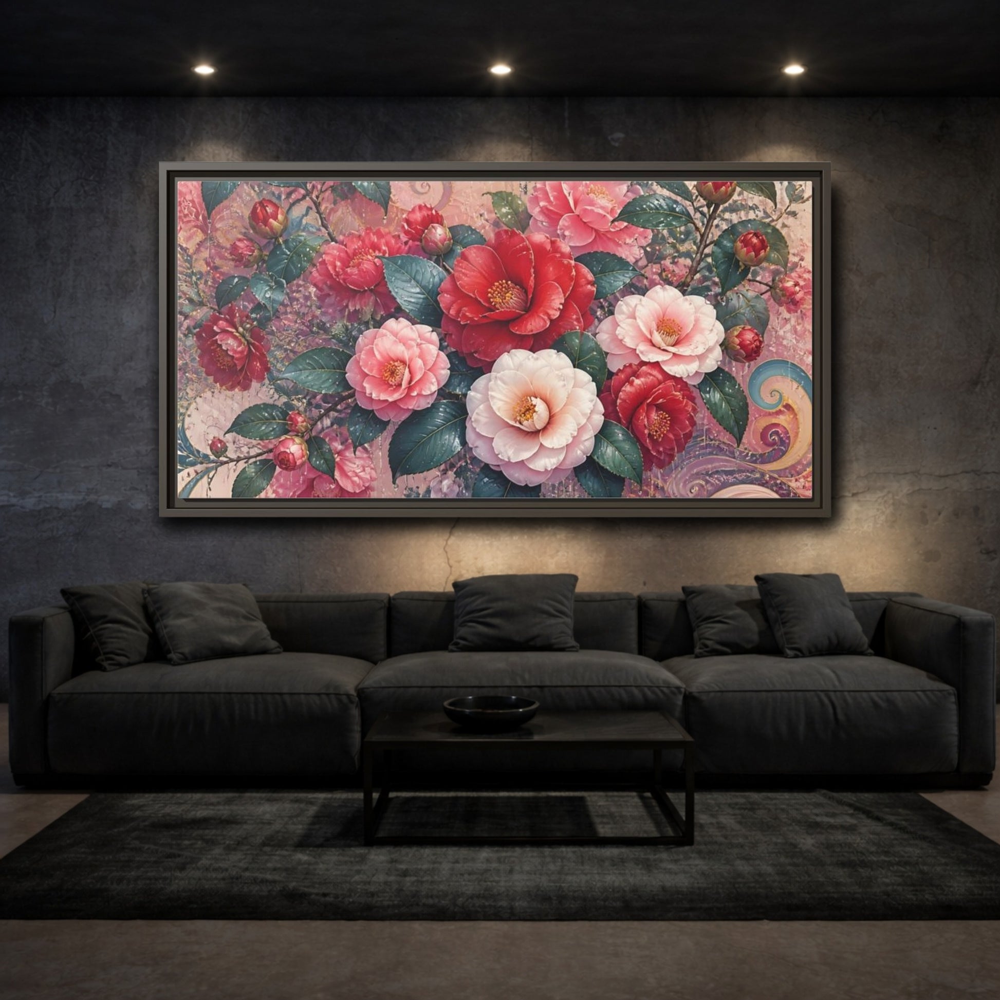 Mockup 3. Camellias In Gentle Rain shown as framed canvas print