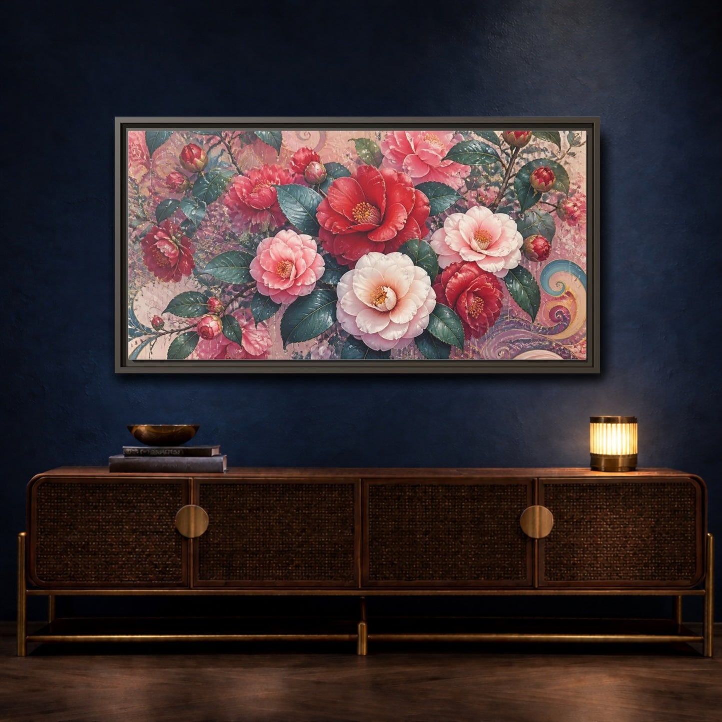 Mockup 4. Camellias In Gentle Rain shown as framed canvas print