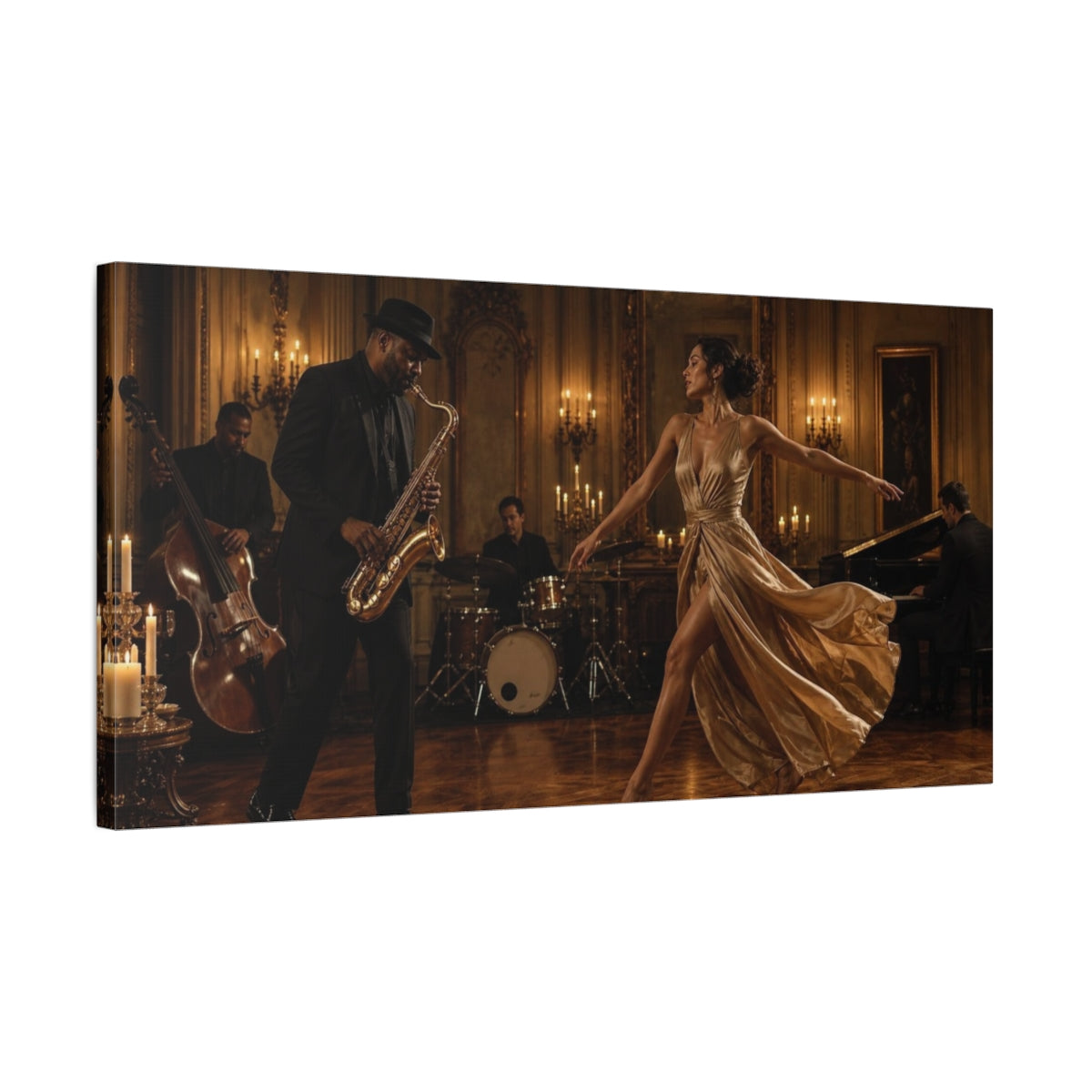 Side Mockup 1. Candlelit Jazz Dance shown as canvas print