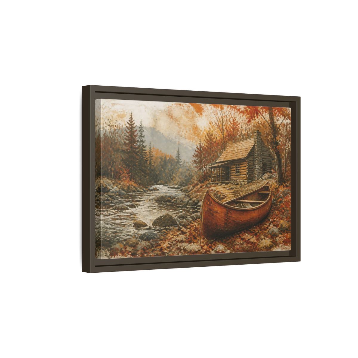 Side Mockup 5. Canoe By Autumn Cabin shown as framed canvas print