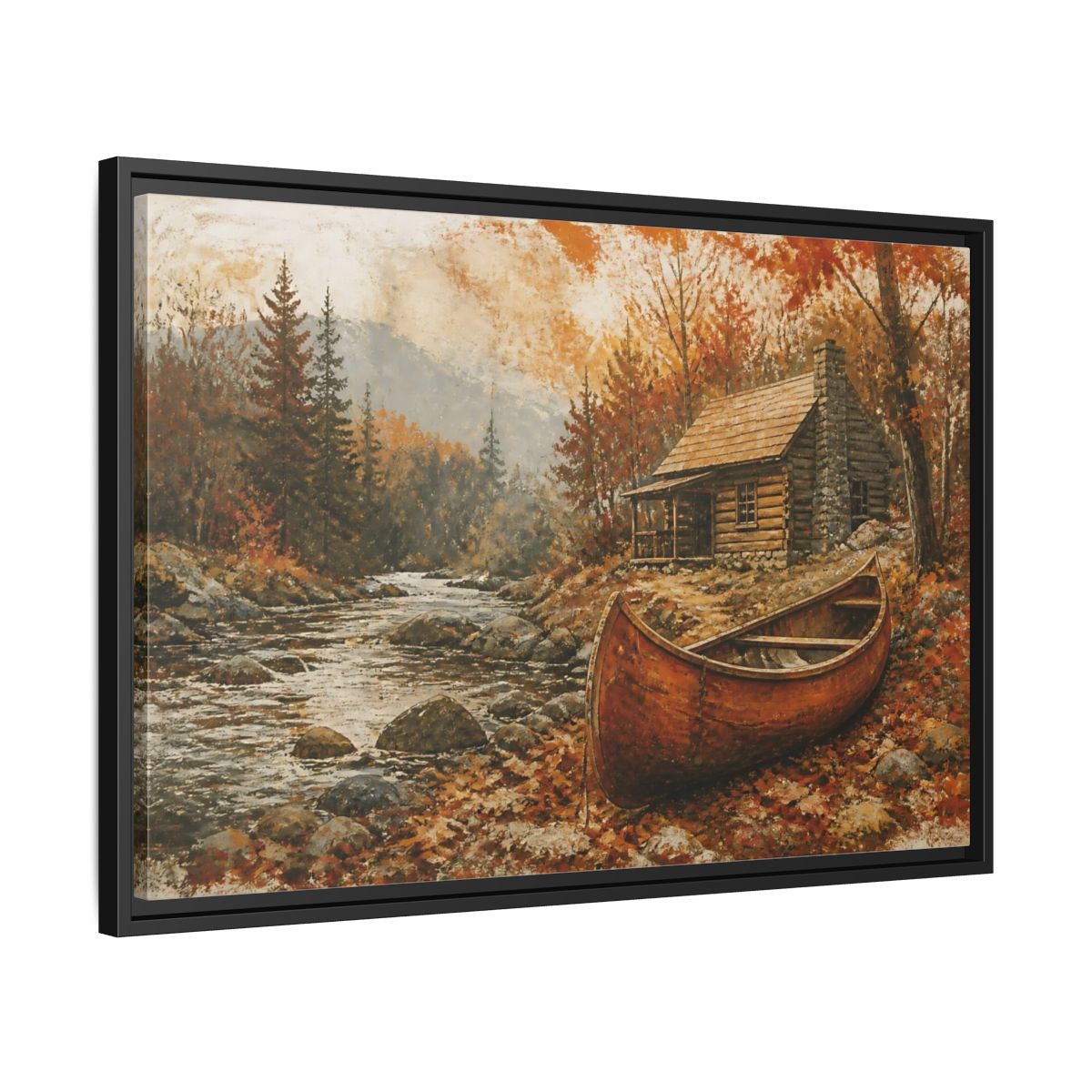 Side Mockup 14. Canoe By Autumn Cabin shown as framed canvas print