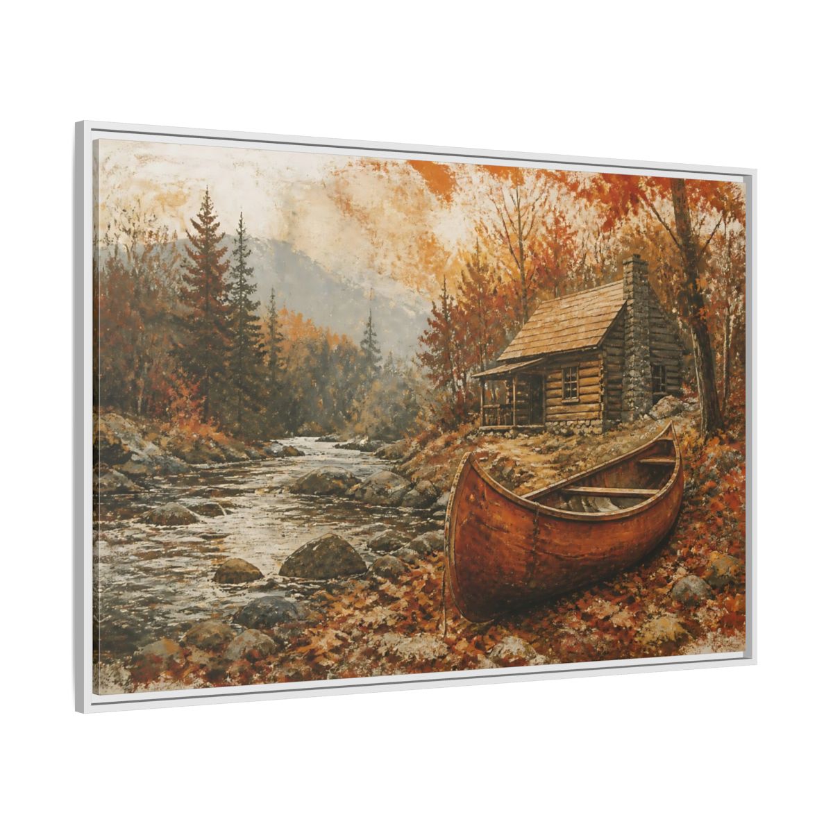 Side Mockup 7. Canoe By Autumn Cabin shown as framed canvas print