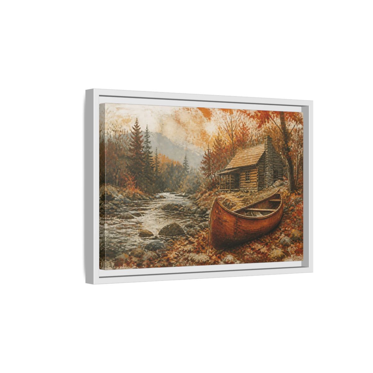 Side Mockup 4. Canoe By Autumn Cabin shown as framed canvas print