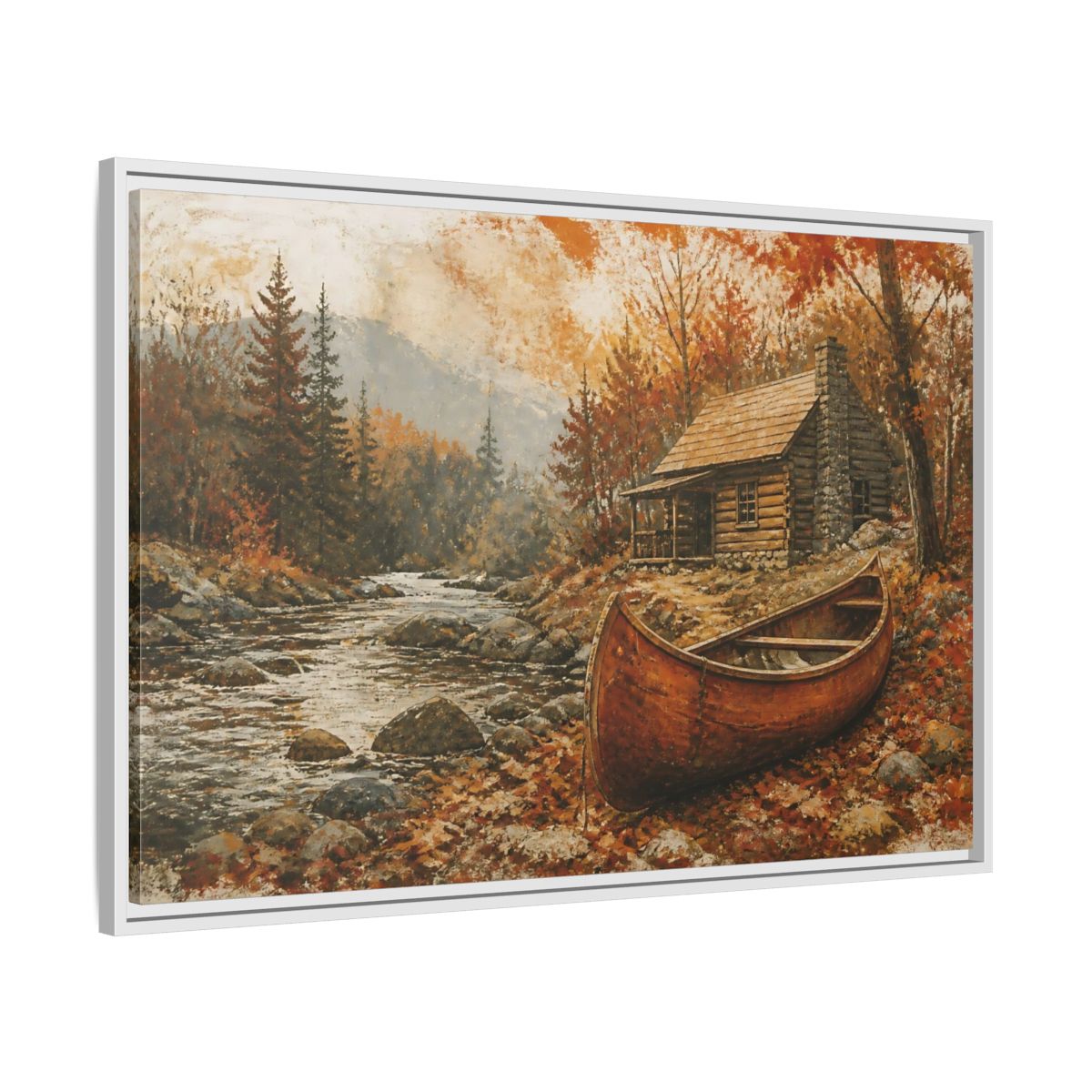 Side Mockup 9. Canoe By Autumn Cabin shown as framed canvas print