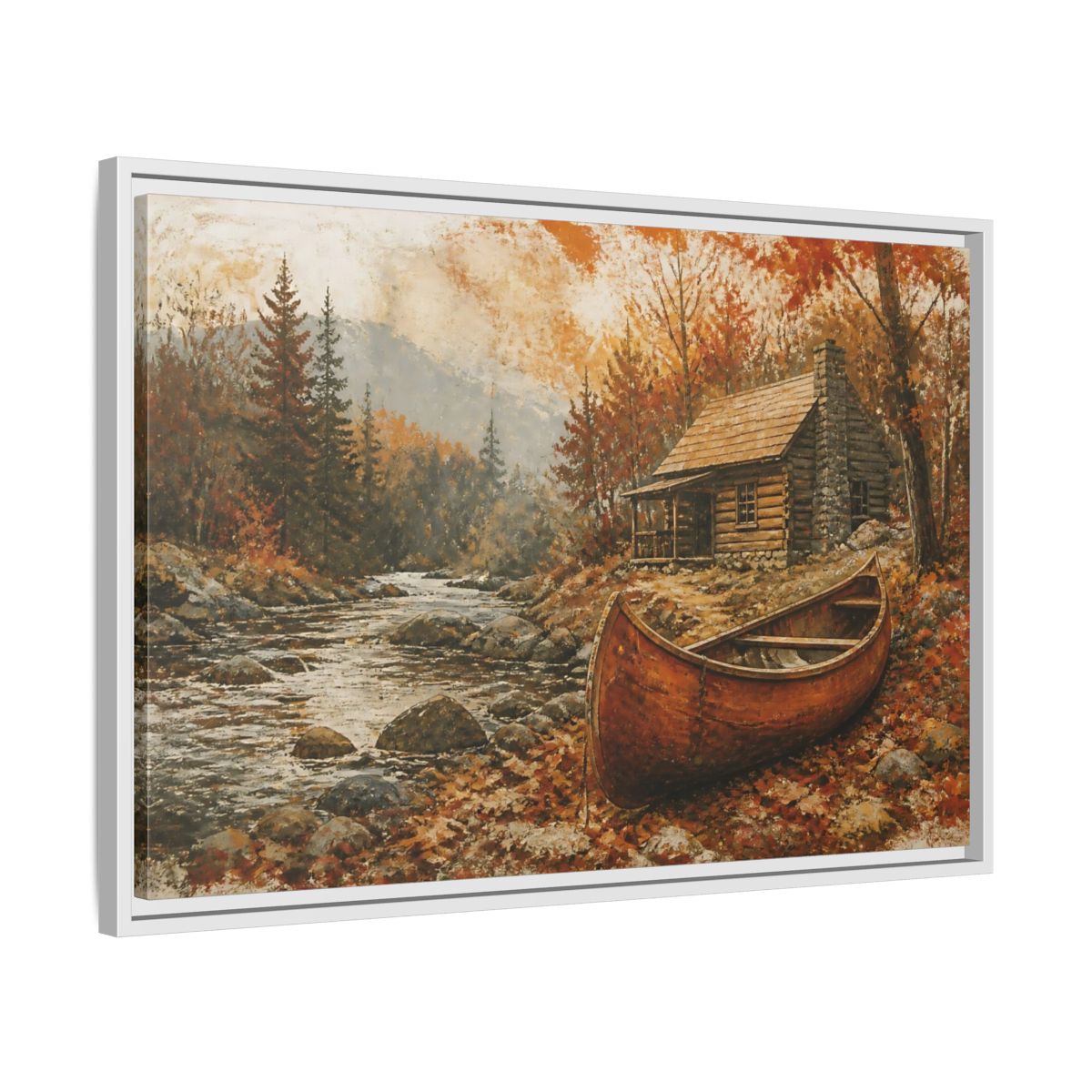 Side Mockup 10. Canoe By Autumn Cabin shown as framed canvas print