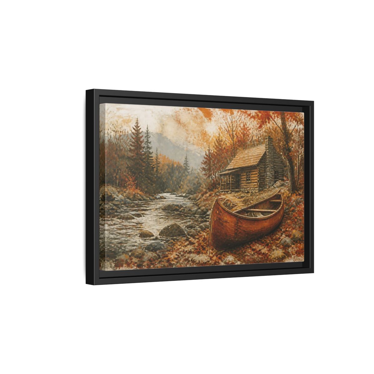 Side Mockup 6. Canoe By Autumn Cabin shown as framed canvas print