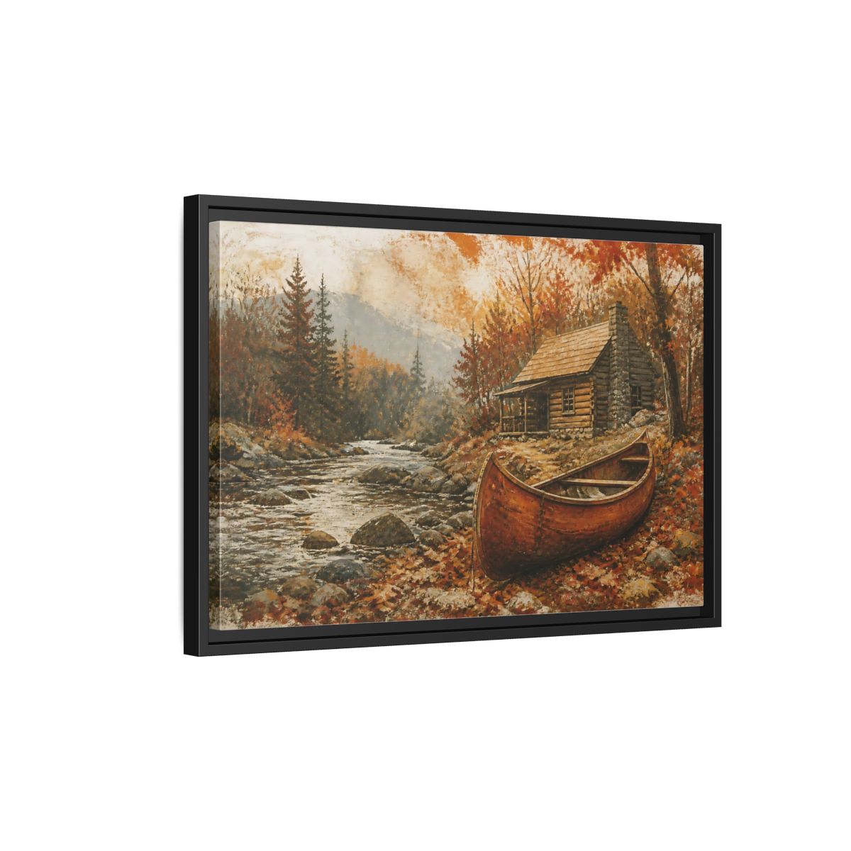 Side Mockup 3. Canoe By Autumn Cabin shown as framed canvas print