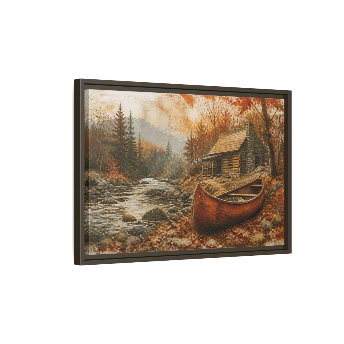 Side Mockup 2. Canoe By Autumn Cabin shown as framed canvas print