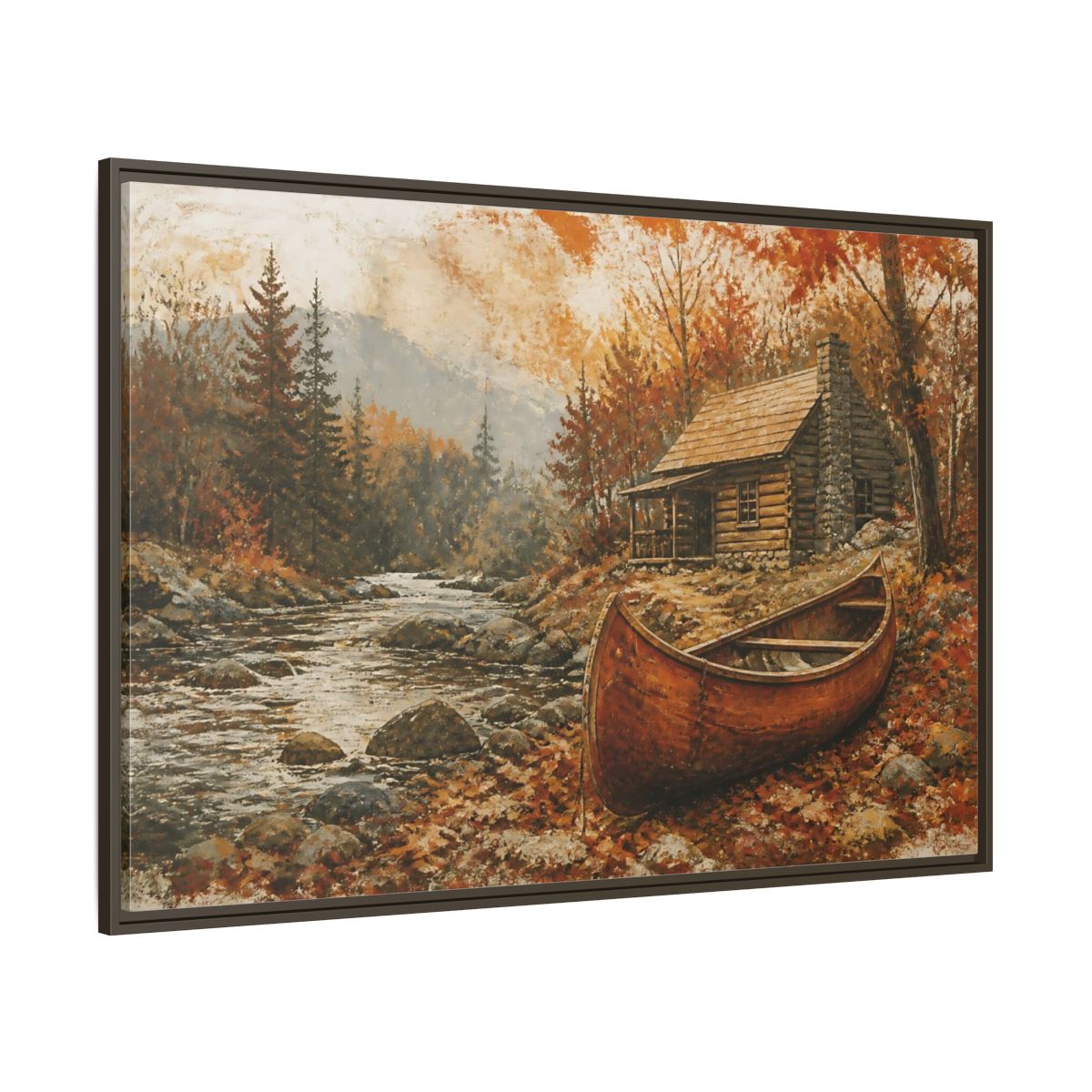 Side Mockup 8. Canoe By Autumn Cabin shown as framed canvas print