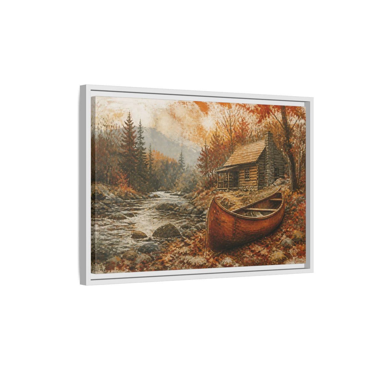 Side Mockup 1. Canoe By Autumn Cabin shown as framed canvas print