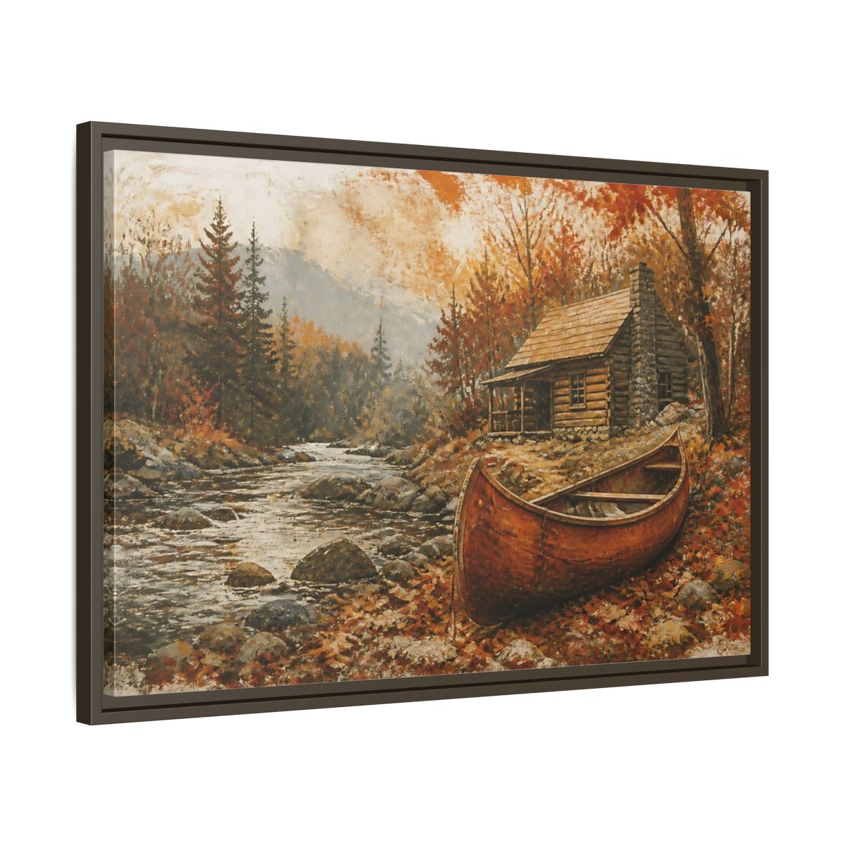 Side Mockup 11. Canoe By Autumn Cabin shown as framed canvas print