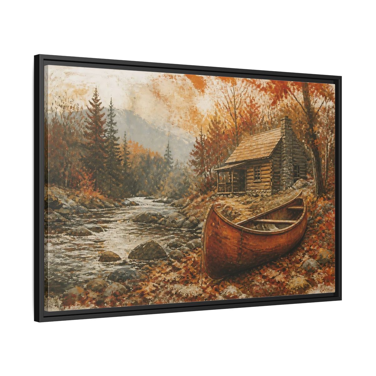 Side Mockup 13. Canoe By Autumn Cabin shown as framed canvas print