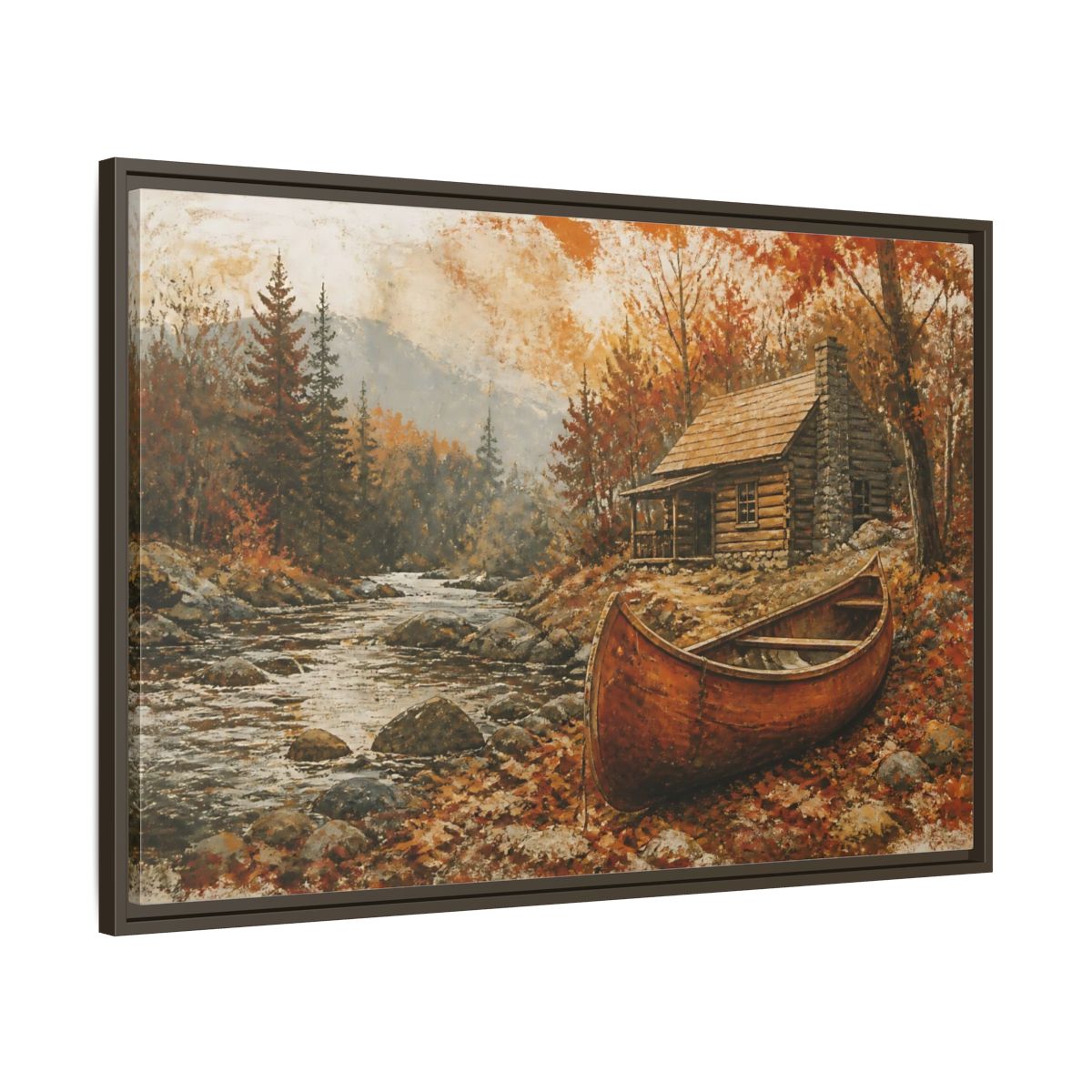 Main Mockup. Canoe By Autumn Cabin shown as framed canvas print