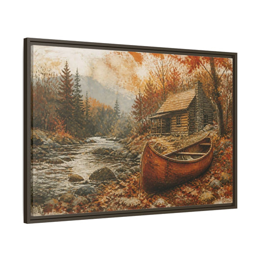 Main Mockup. Canoe By Autumn Cabin shown as framed canvas print