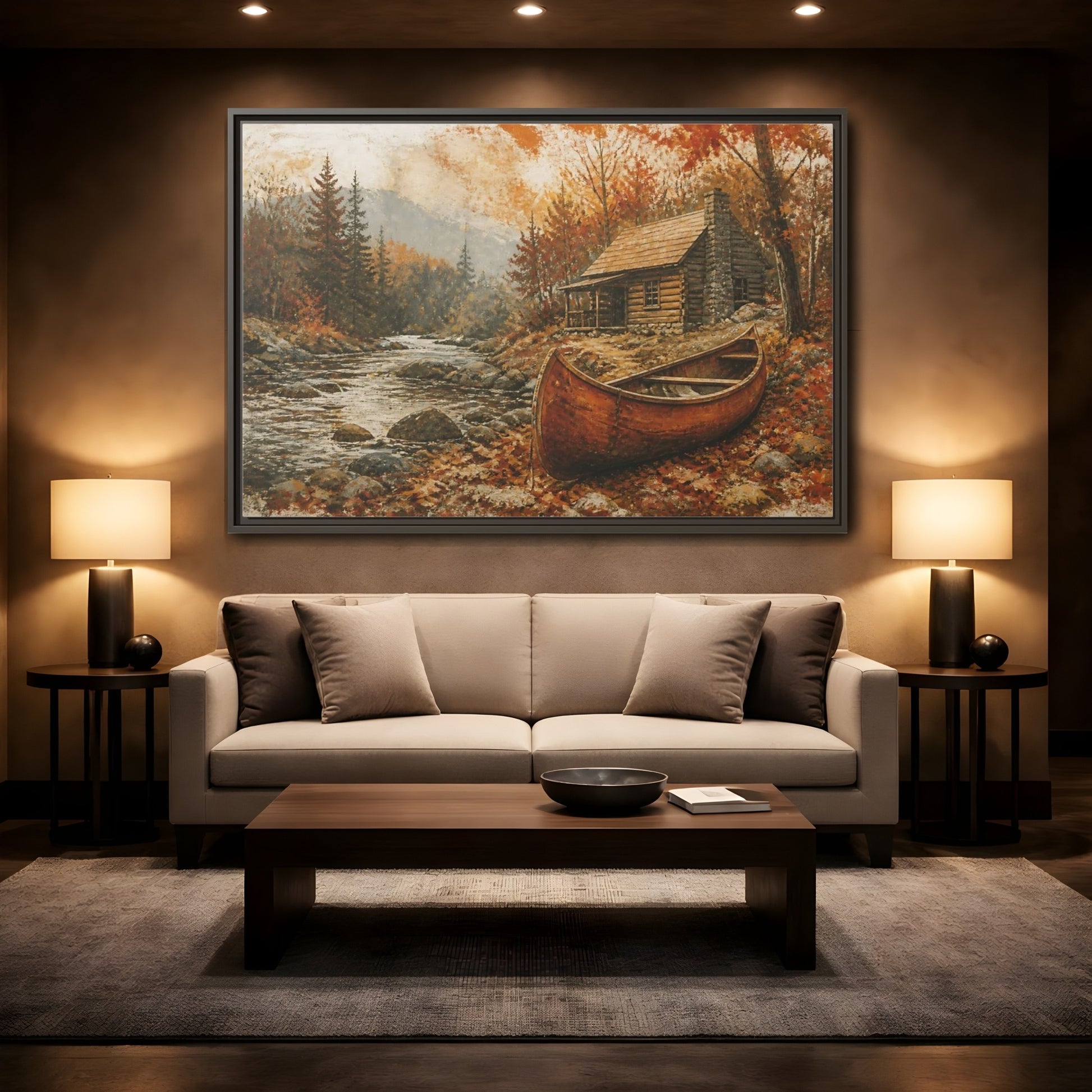 Mockup 2. Canoe By Autumn Cabin shown as framed canvas print