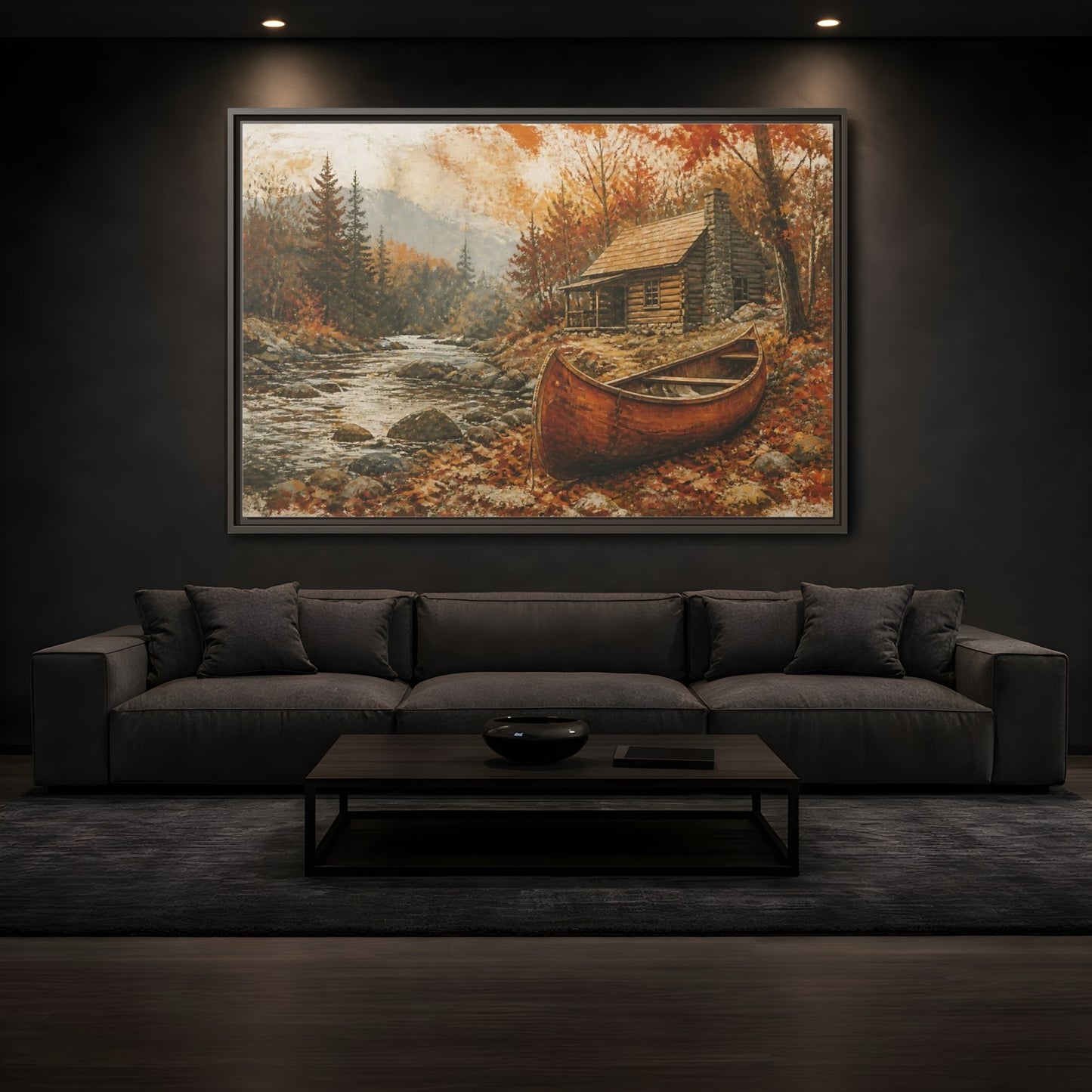Mockup 3. Canoe By Autumn Cabin shown as framed canvas print