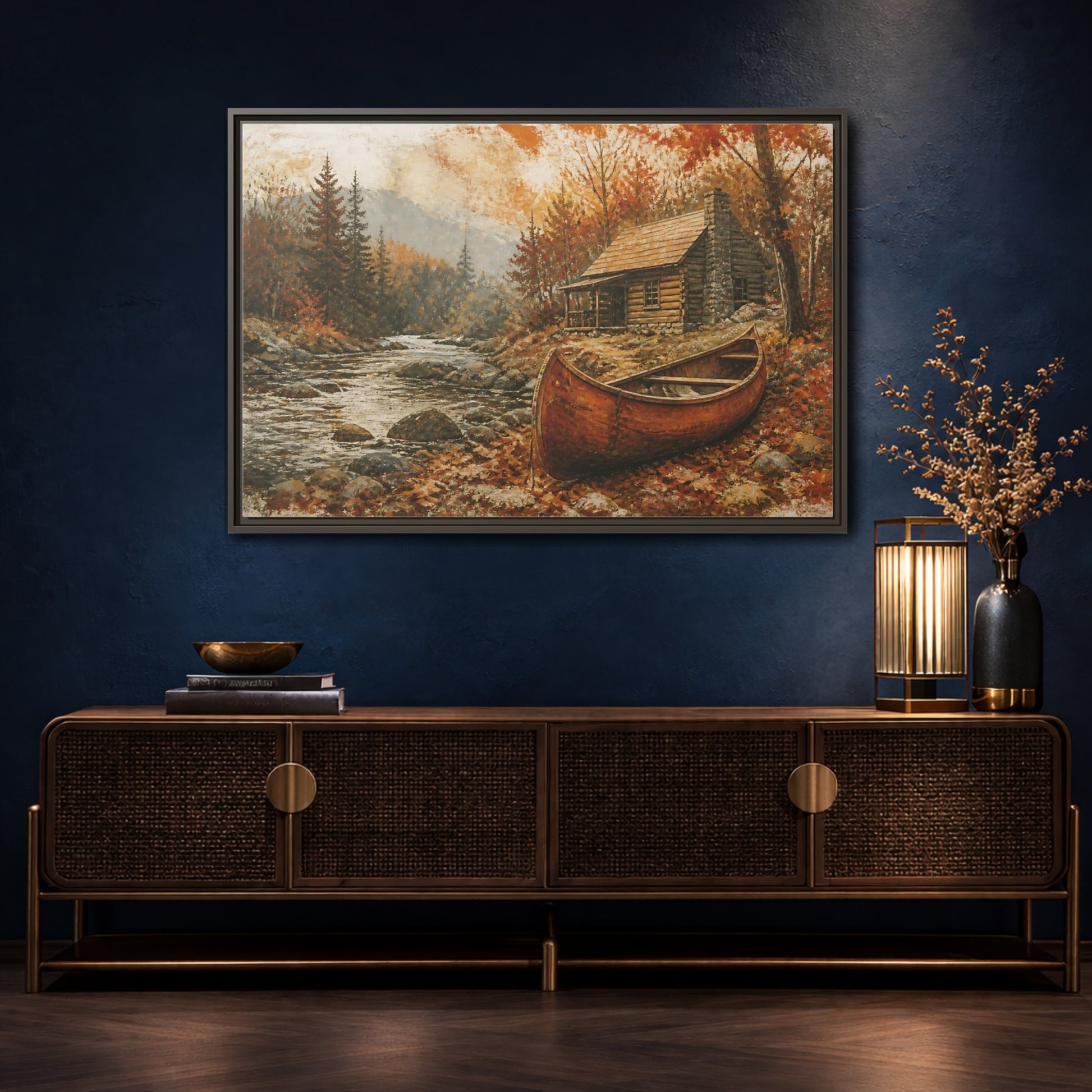 Mockup 4. Canoe By Autumn Cabin shown as framed canvas print