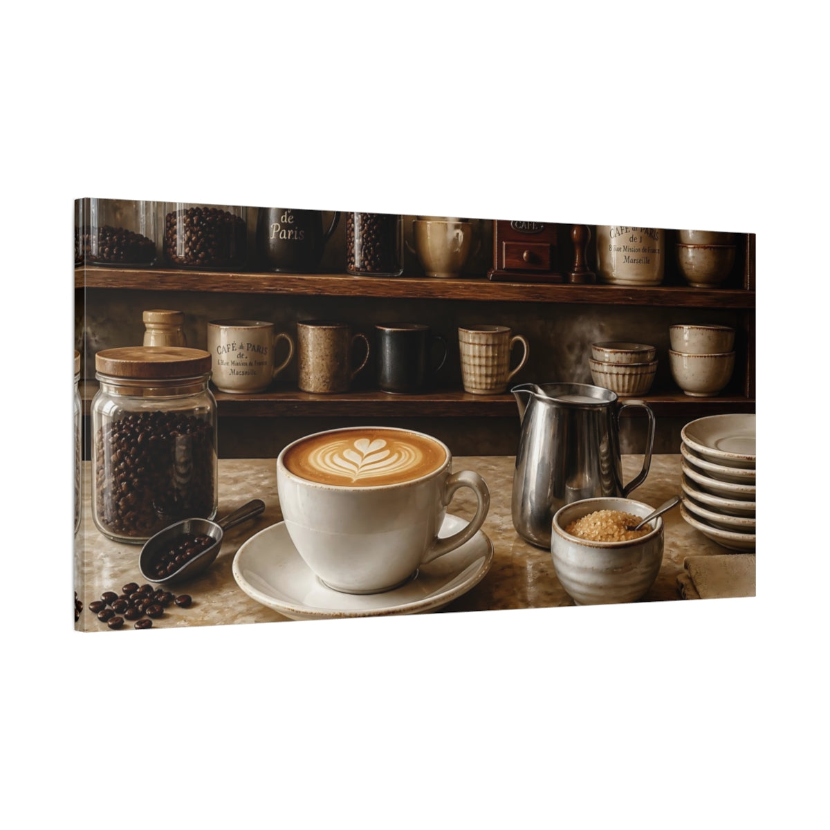 Main Mockup. Cappuccino On Cafe Counter shown as canvas print