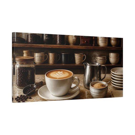 Main Mockup. Cappuccino On Cafe Counter shown as canvas print