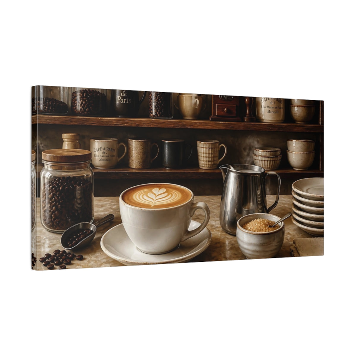 Side Mockup 1. Cappuccino On Cafe Counter shown as canvas print