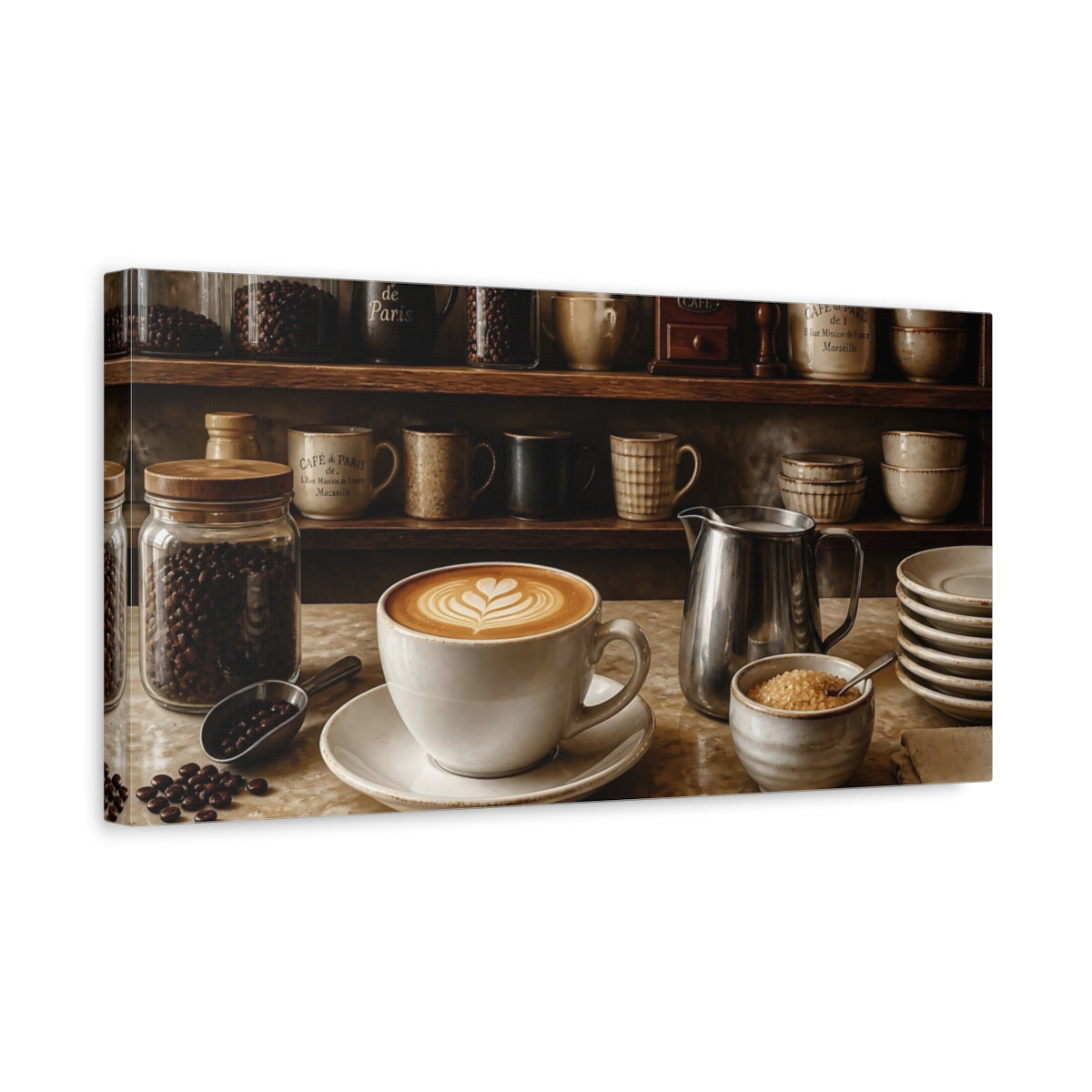 Side Mockup 3. Cappuccino On Cafe Counter shown as canvas print