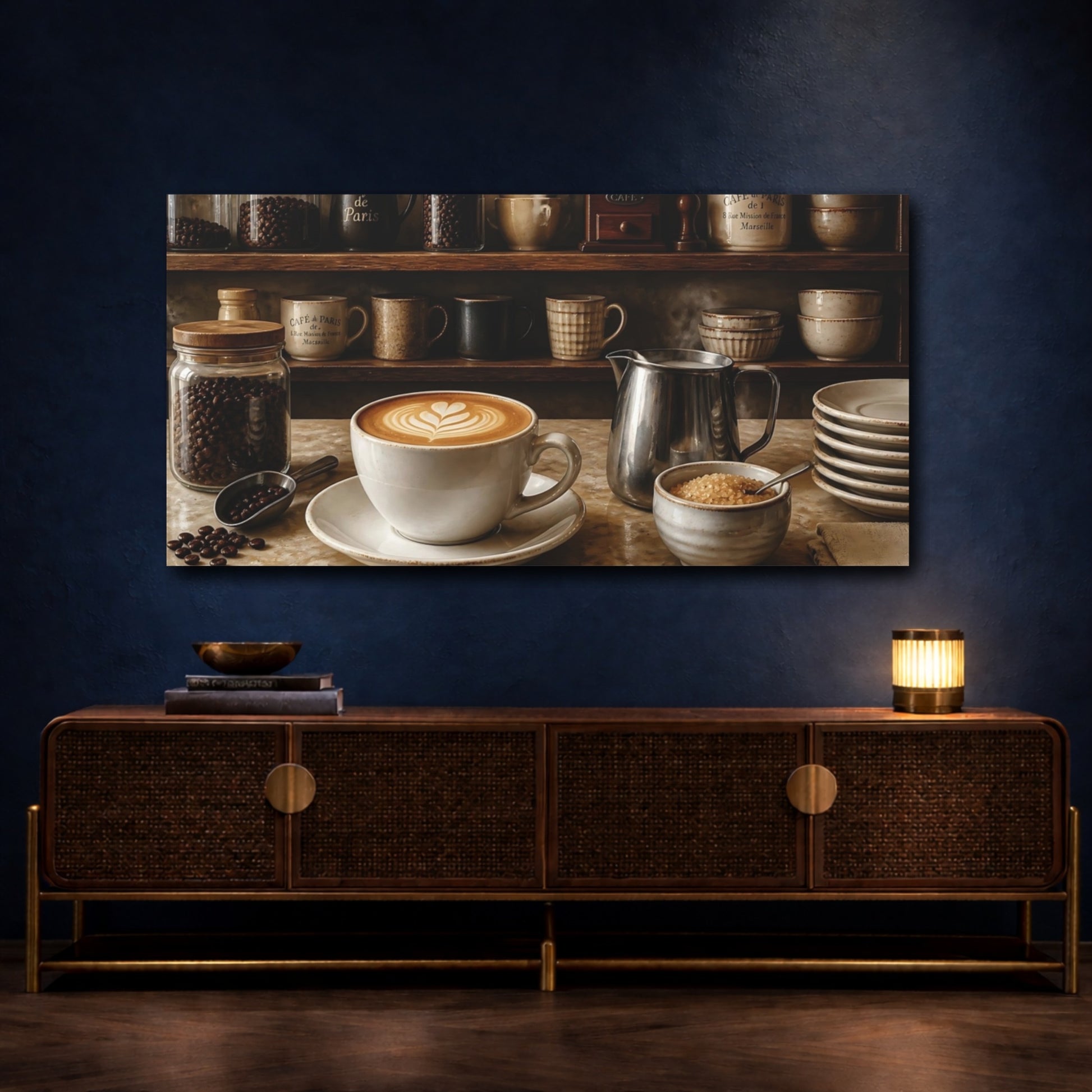 Mockup 4. Cappuccino On Cafe Counter shown as canvas print