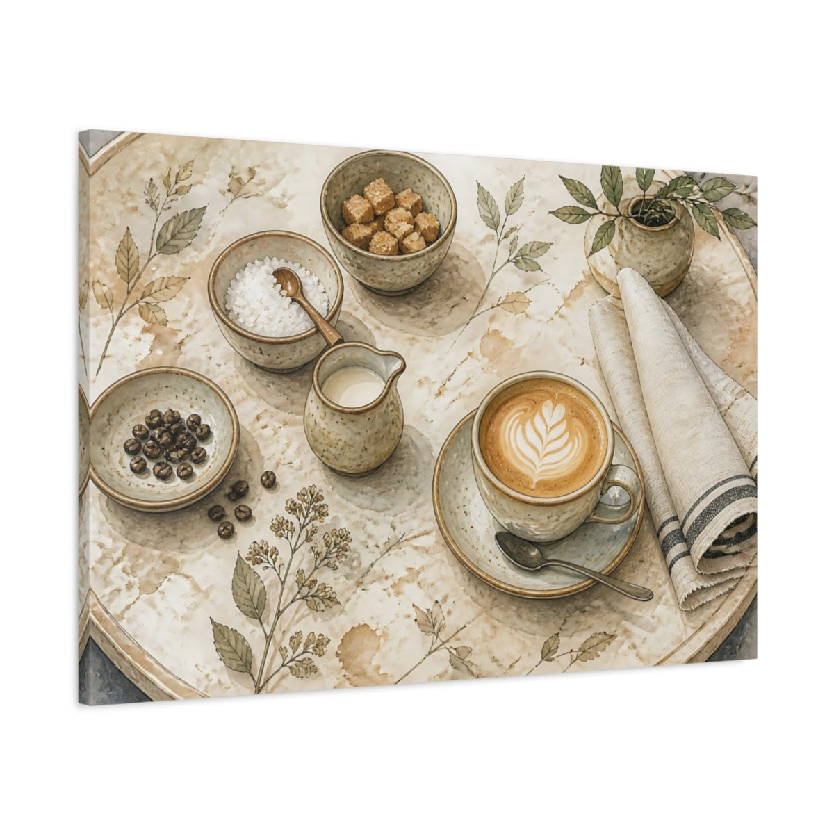 Main Mockup. Cappuccino On Round Table shown as canvas print