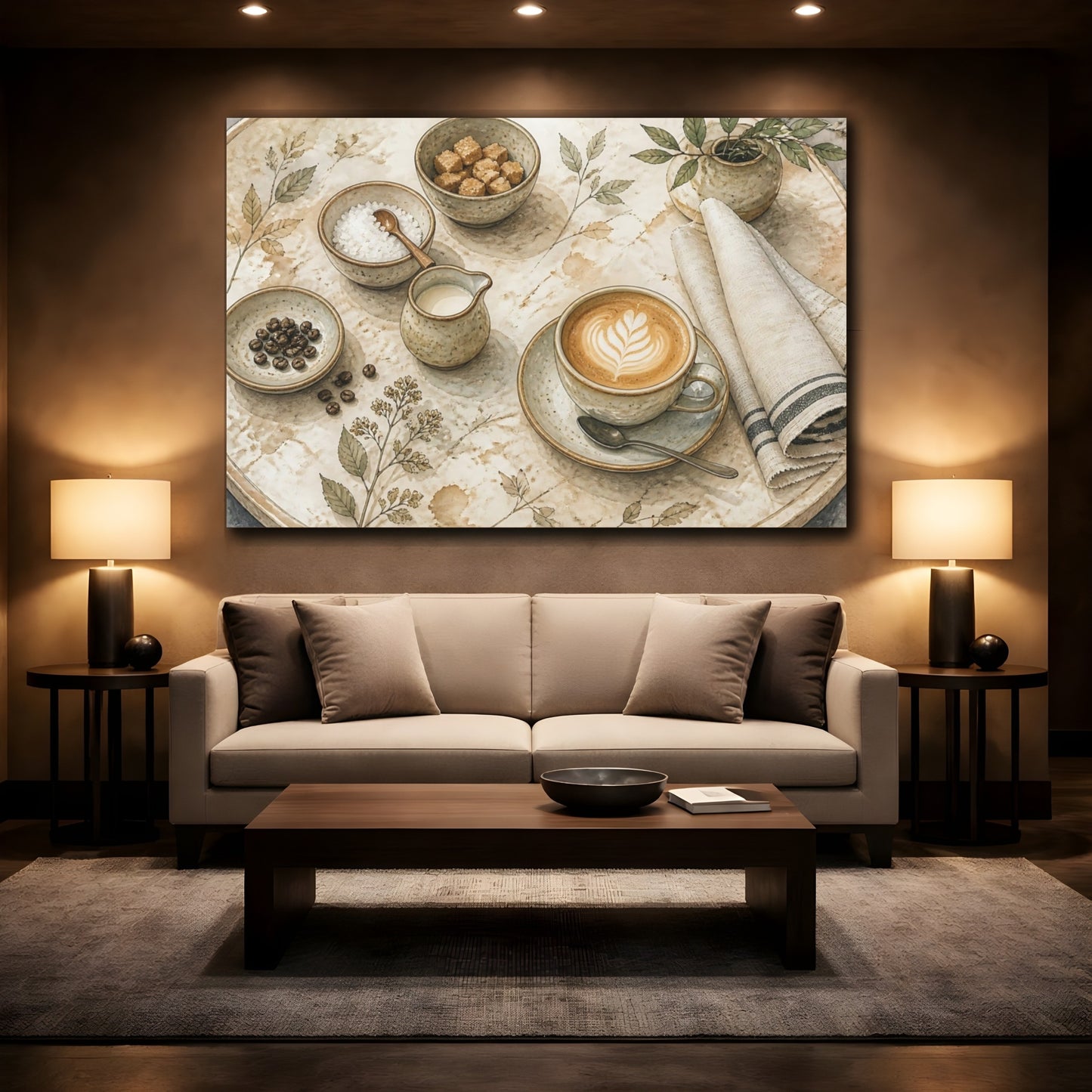 Mockup 2. Cappuccino On Round Table shown as canvas print
