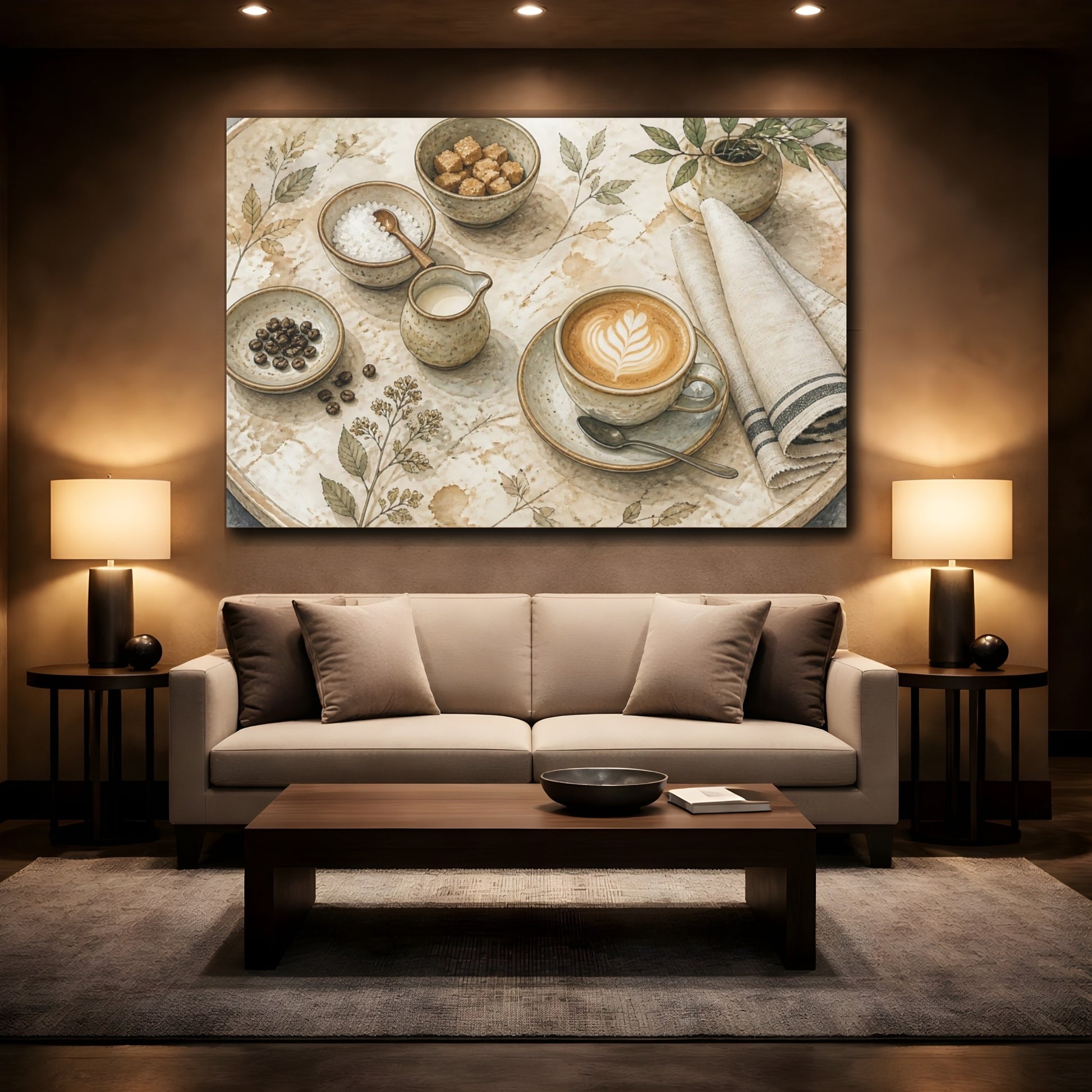 Mockup 2. Cappuccino On Round Table shown as canvas print