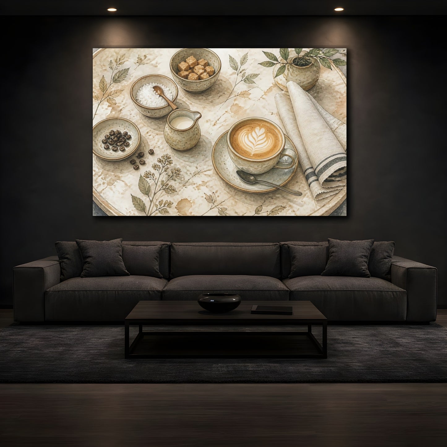 Mockup 3. Cappuccino On Round Table shown as canvas print