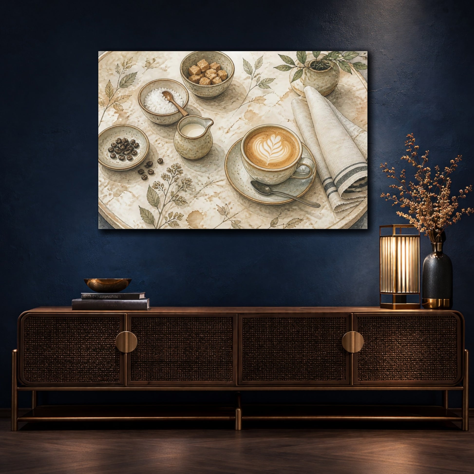 Mockup 4. Cappuccino On Round Table shown as canvas print