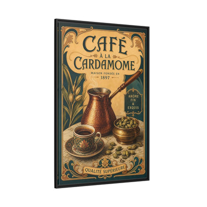 Side Mockup 12. Cardamom Café Vintage Poster shown as framed canvas print