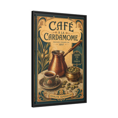 Side Mockup 14. Cardamom Café Vintage Poster shown as framed canvas print
