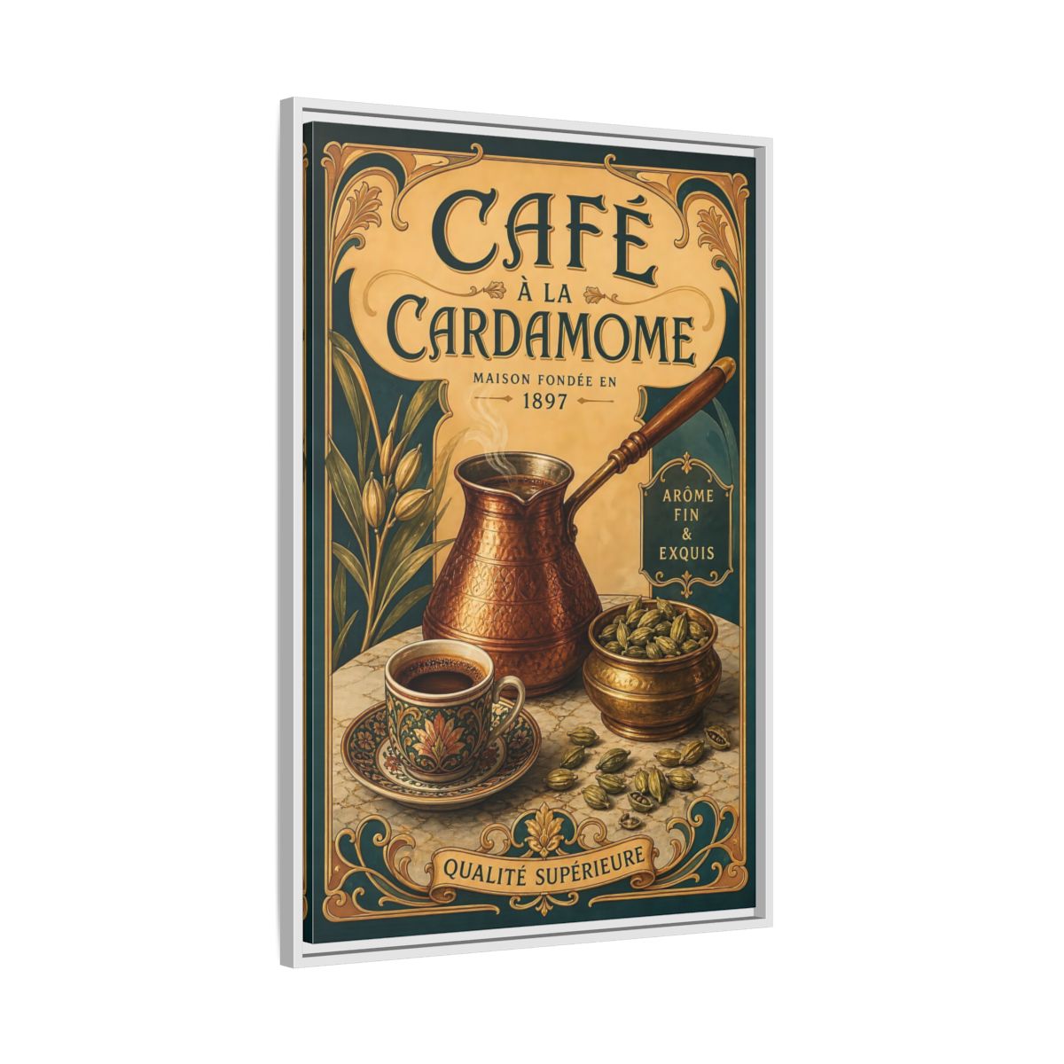 Side Mockup 9. Cardamom Café Vintage Poster shown as framed canvas print