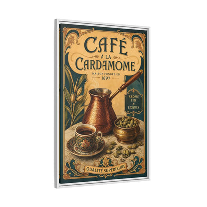 Side Mockup 9. Cardamom Café Vintage Poster shown as framed canvas print