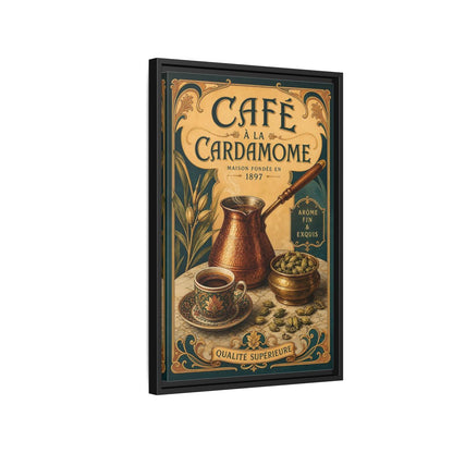 Side Mockup 3. Cardamom Café Vintage Poster shown as framed canvas print