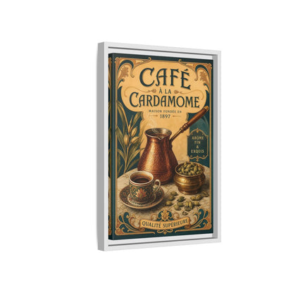 Side Mockup 4. Cardamom Café Vintage Poster shown as framed canvas print