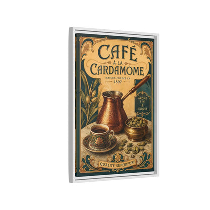 Side Mockup 1. Cardamom Café Vintage Poster shown as framed canvas print