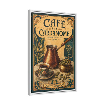 Side Mockup 10. Cardamom Café Vintage Poster shown as framed canvas print