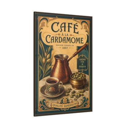 Side Mockup 8. Cardamom Café Vintage Poster shown as framed canvas print