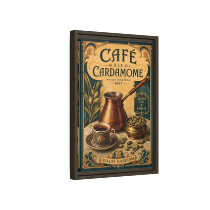 Side Mockup 5. Cardamom Café Vintage Poster shown as framed canvas print