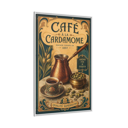 Side Mockup 7. Cardamom Café Vintage Poster shown as framed canvas print