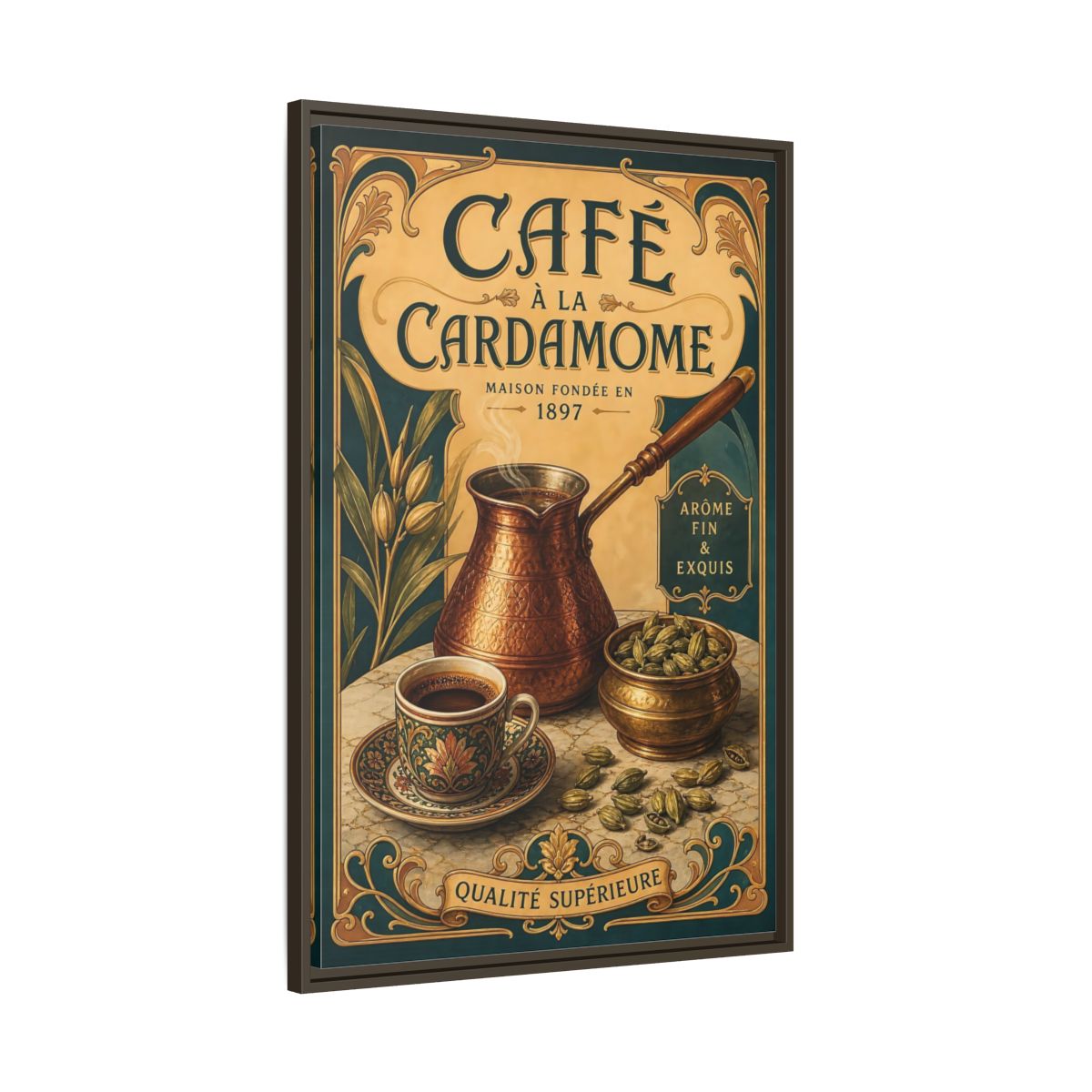 Main Mockup. Cardamom Café Vintage Poster shown as framed canvas print