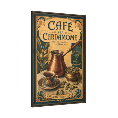 Main Mockup. Cardamom Café Vintage Poster shown as framed canvas print