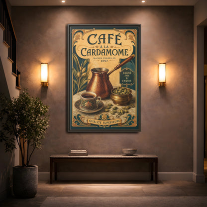 Mockup 2. Cardamom Café Vintage Poster shown as framed canvas print