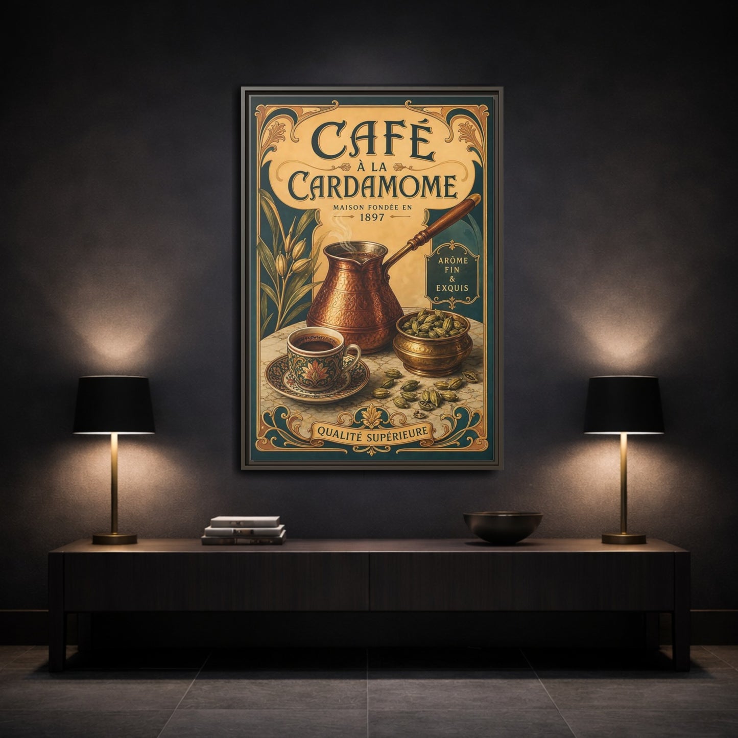 Mockup 3. Cardamom Café Vintage Poster shown as framed canvas print