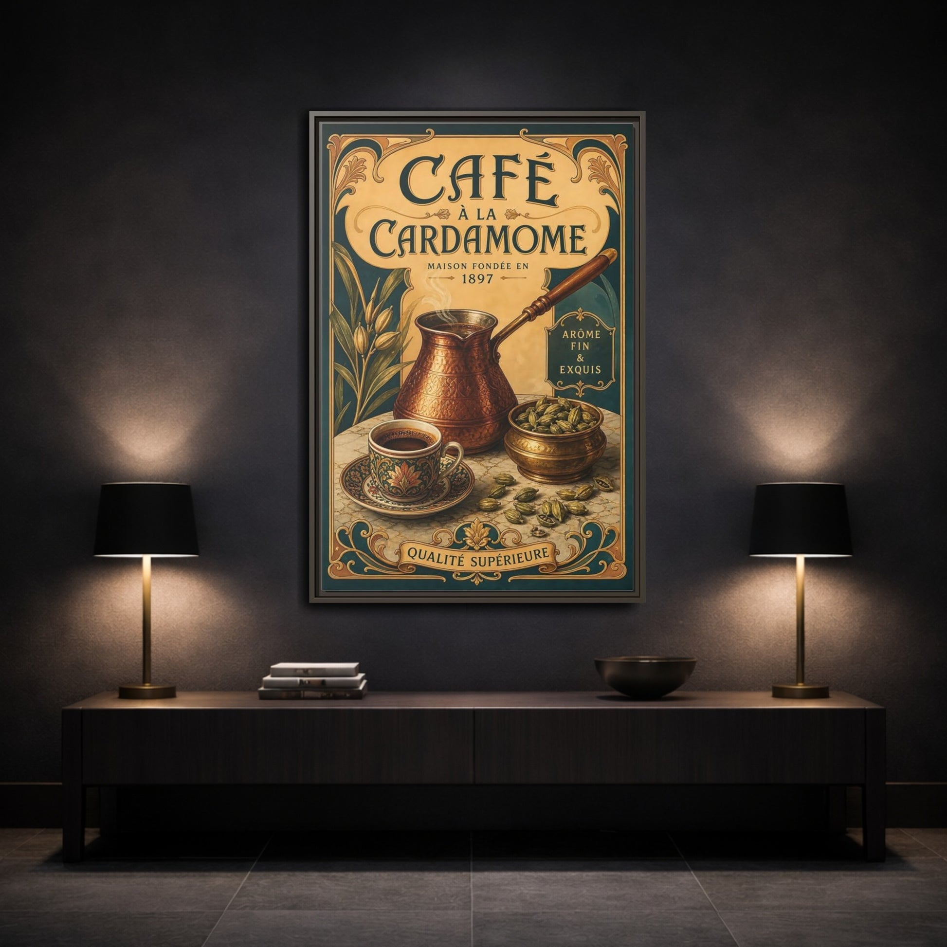 Mockup 3. Cardamom Café Vintage Poster shown as framed canvas print